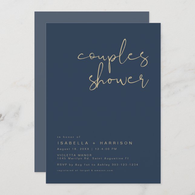 Invitation de fête moderne pour couple bleu marine (Devant / Derrière)