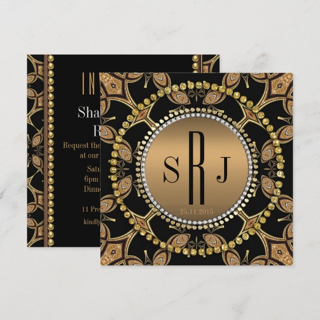 Invitation de fête Monogramme Noir Or Art Déco Bat (Devant / Derrière)