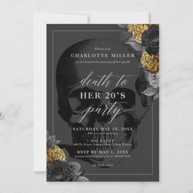 Invitation de fête 'Mort à vos 20 ans' Noir et Or (Devant)