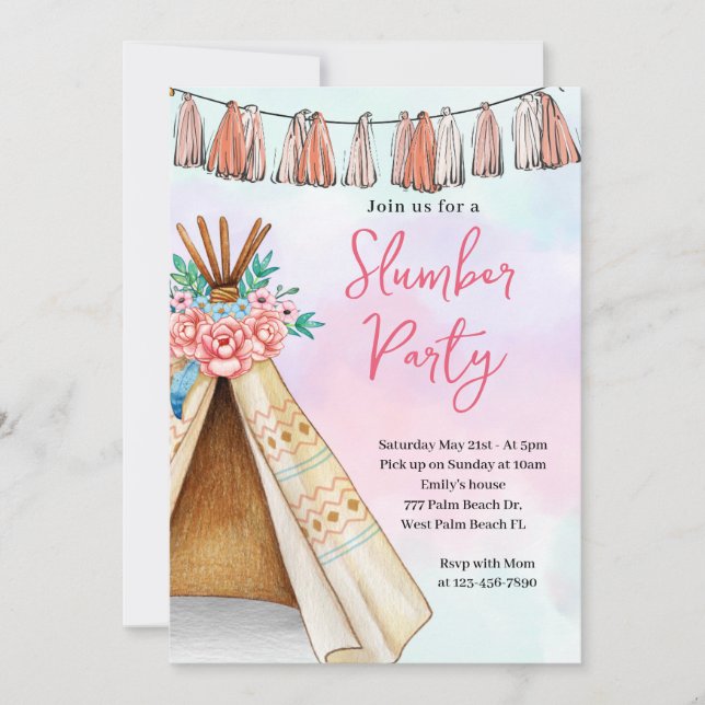 Invitation de fête pyjama avec tente tipi bohème (Devant)