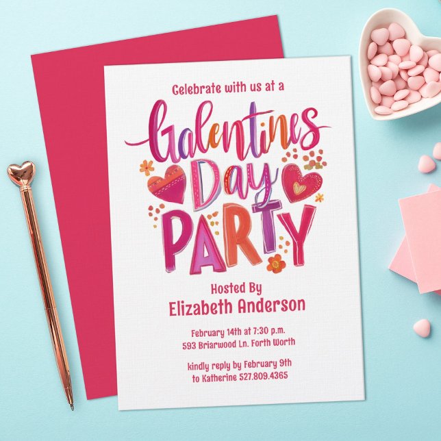 Invitation de fête rouge dessinée à la main pour l (A cute and festive "Galentines" Valentines Party Invitation. Personalize it with your information)