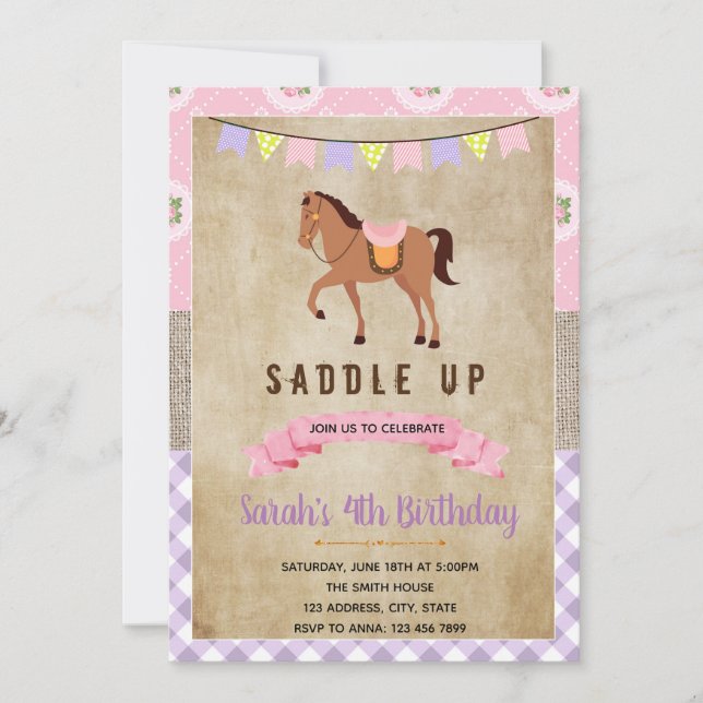 Invitation de fête shabby chic rose pour cheval (Devant)