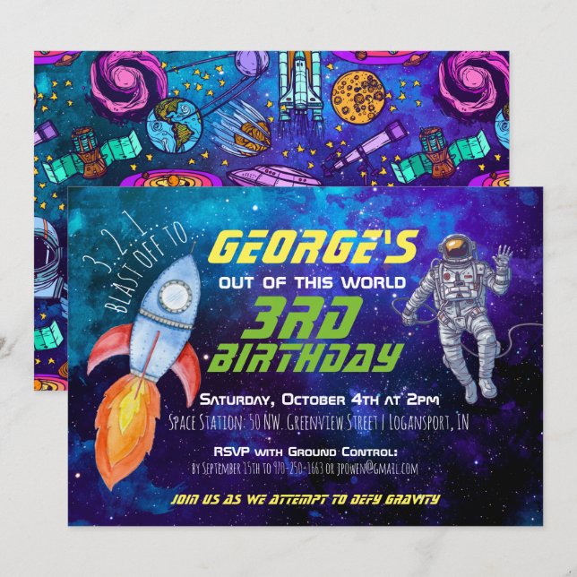 Invitation de fête sur le thème de l'espace (Devant / Derrière)