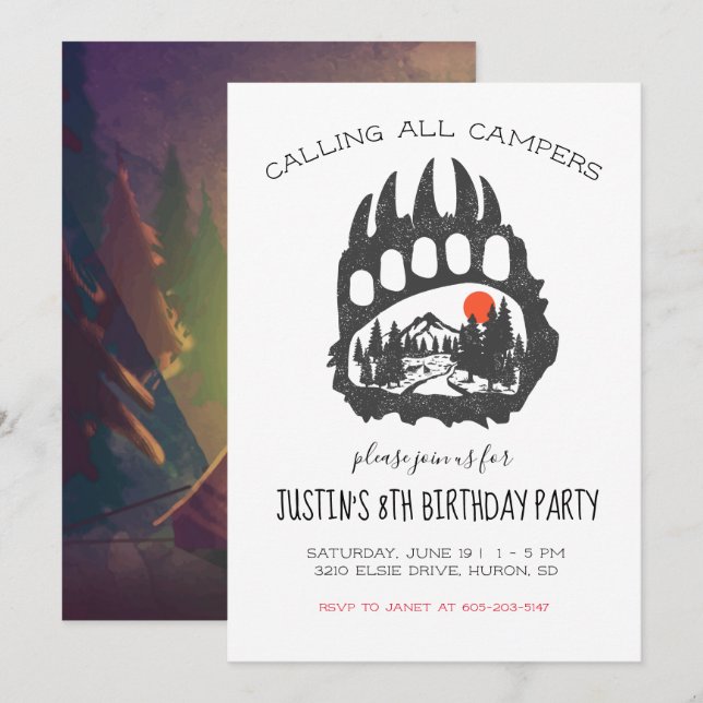 Invitation de fête sur le thème du camping (Devant / Derrière)