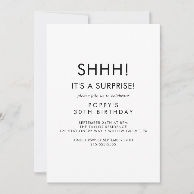 Invitation de fête surprise avec une typographie c (Devant)