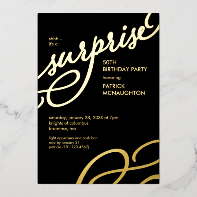 Invitation de fête surprise noire et dorée avec fe (Recto)