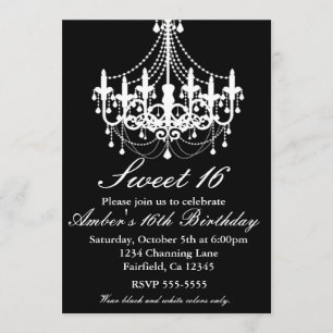 Invitation de fête Sweet 16 avec lustre noir et bl