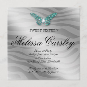 Invitation de fête Sweet 16 Bijou Papillon Zèbre S
