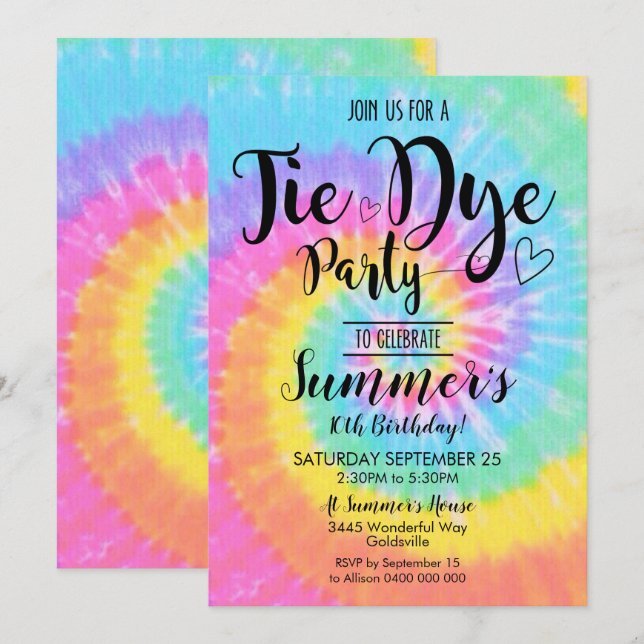 Invitation de fête Tie Dye Hippy Tie Dye (Devant / Derrière)