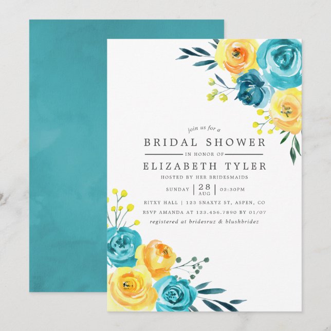 Invitation de Fêtes des mariées florales turquoise (Devant / Derrière)