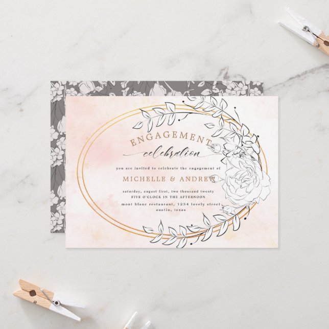 Invitation de Fiançailles Floral Blush Or Moderne (Devant/Arrière en situation)