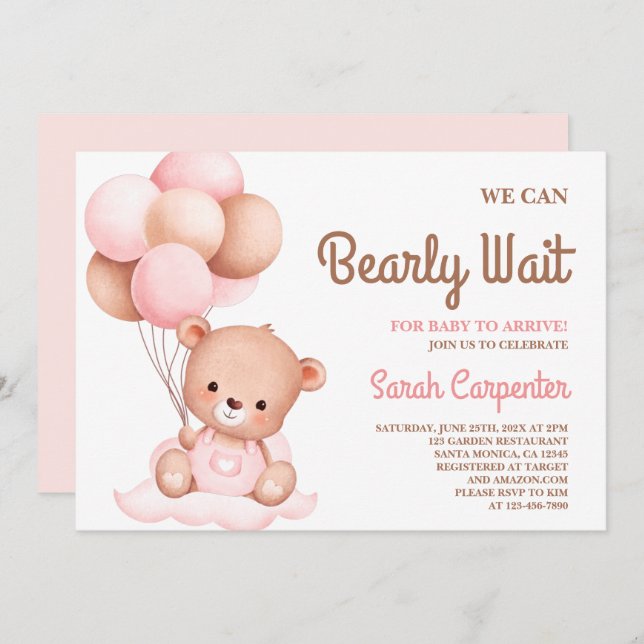 Invitation de fille Baby shower à l'ours mignon (Devant / Derrière)