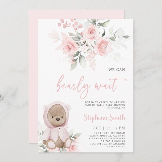 Invitation de fille Baby shower d'ours (Devant / Derrière)