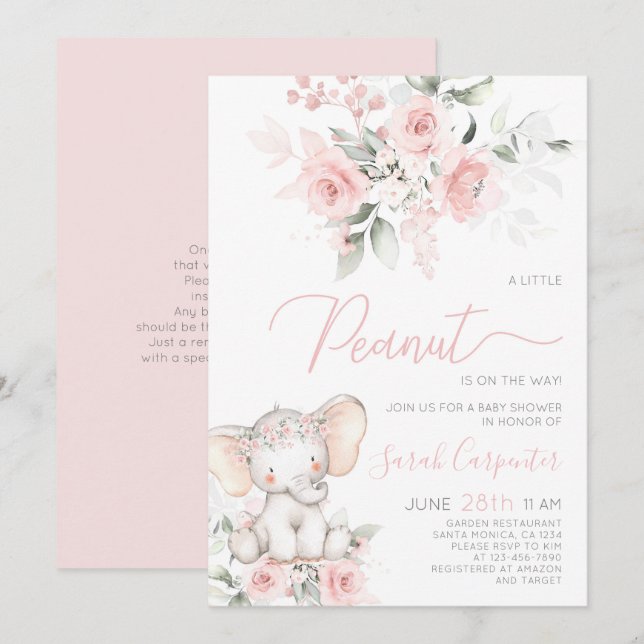 Invitation de fille Baby shower éléphant (Devant / Derrière)