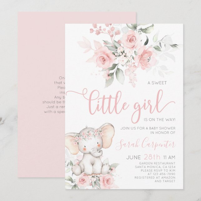 Invitation de fille Baby shower éléphant (Devant / Derrière)