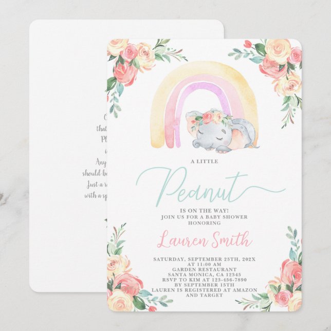 Invitation de fille Baby shower éléphant (Devant / Derrière)