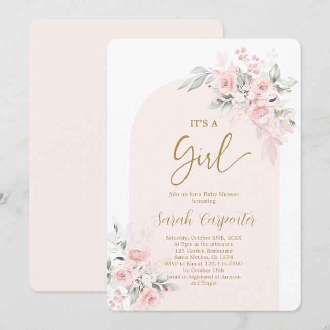 Invitation de fille de Baby shower rose pâle (Devant / Derrière)