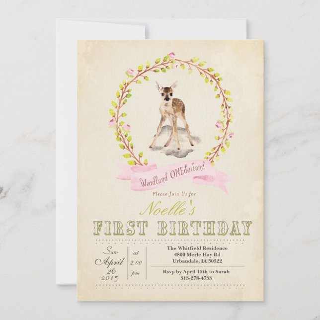 Invitation de fille de cerf pour premier anniversa (Devant)