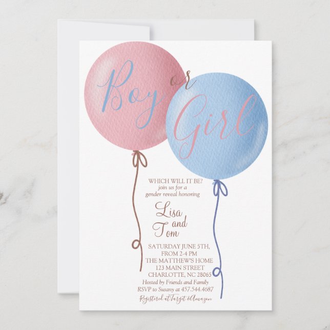 Invitation De Fille Ou De Garçon Ballons De Révéla (Devant)