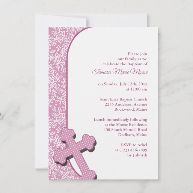 Invitation de fille rose Baptême (Devant)