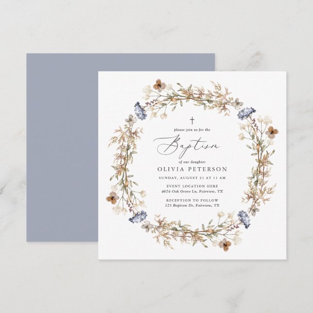 Invitation de Fleur sauvage Baptême Dusty Blue Boh (Devant / Derrière)