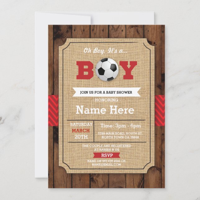 Invitation de football Red Boy Baby shower Wood Fo (Devant)