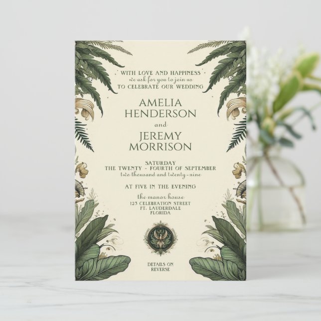 Invitation de forêt enchantée vintage avec détails (Debout devant)