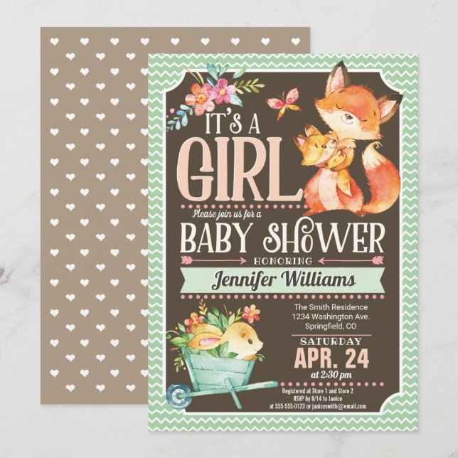 Invitation de Fox Baby shower, Woodland Girl (Devant / Derrière)