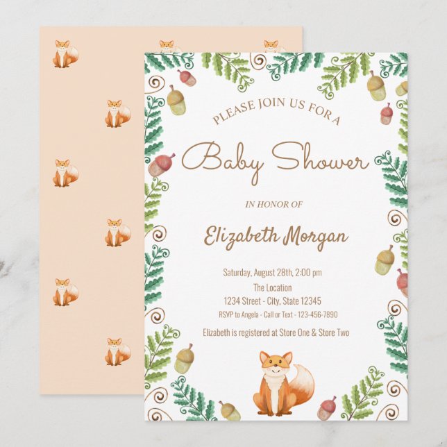 Invitation de Fox, Woodland Baby shower (Devant / Derrière)