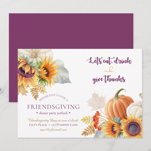 Invitation de Friendsgiving Potluck de tournesol (Devant / Derrière)
