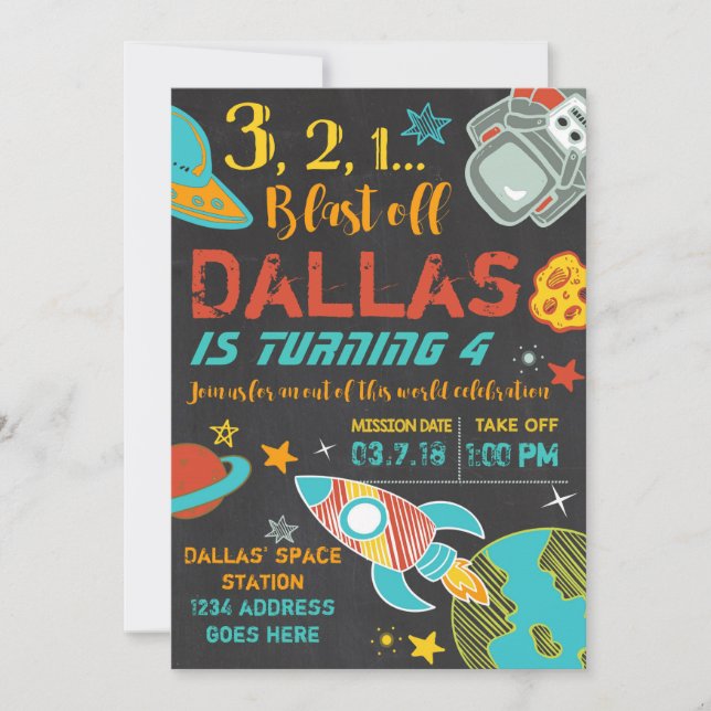 Invitation de fusée d'anniversaire de l'espace (Devant)