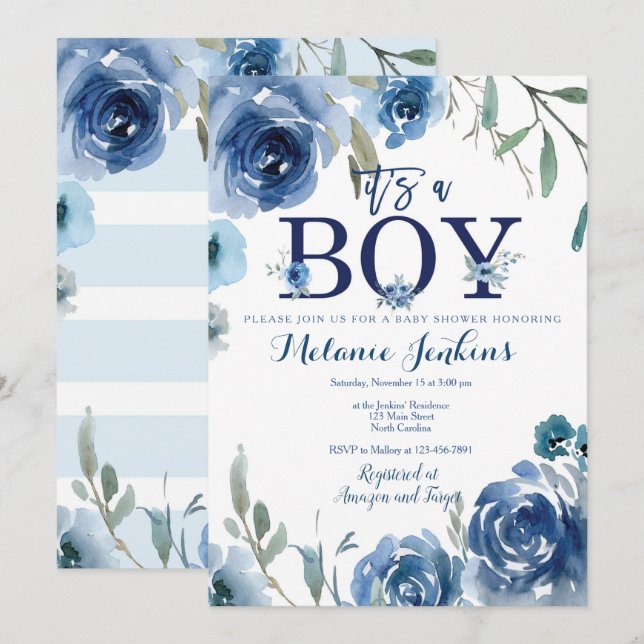 Invitation De Garçon Baby shower Avec Des Florales (Devant / Derrière)