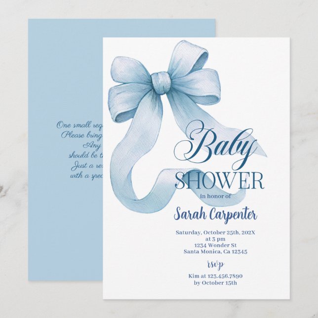 Invitation de Garçon Baby shower Bleu Bow (Devant / Derrière)