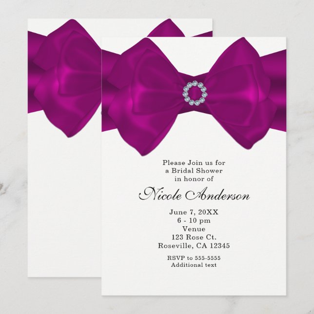 Invitation de glam Fuchsia Pink Bow Ribbon & Diamo (Devant / Derrière)