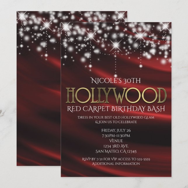 Invitation de Glam Hollywood Red Silk & Sparkle Go (Devant / Derrière)