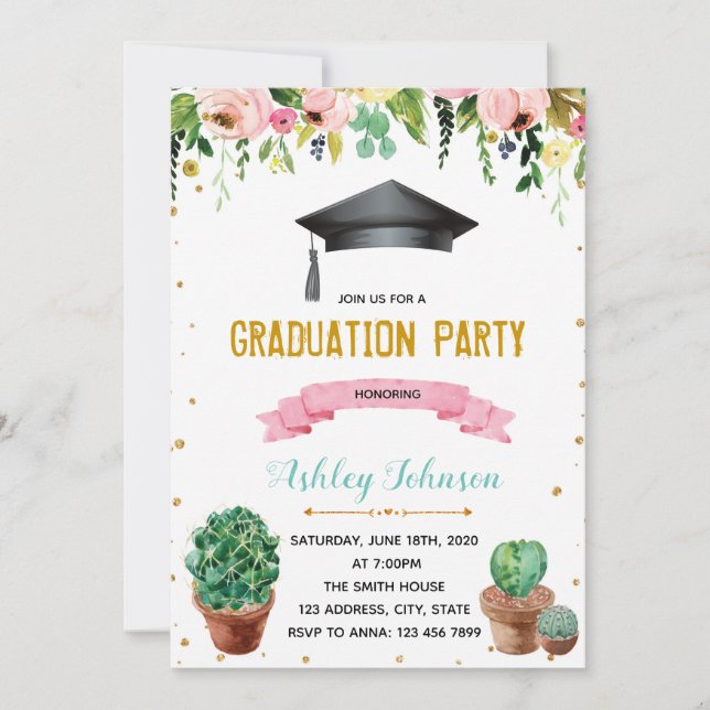 Invitation de graduation de la fleur de cactus (Devant)