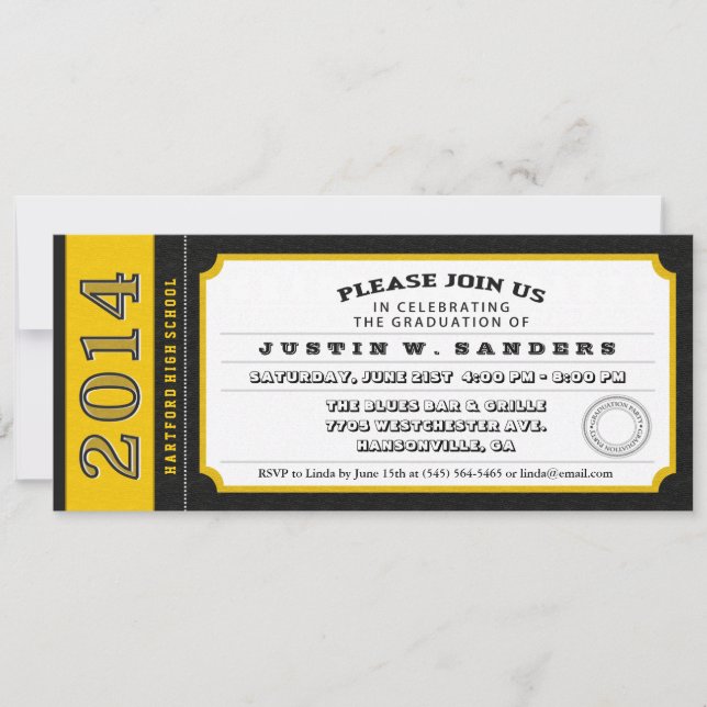 Invitation de graduation de style Billet Noir et O (Devant)