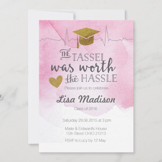 Invitation de graduation d'infirmière rose et or (Devant)