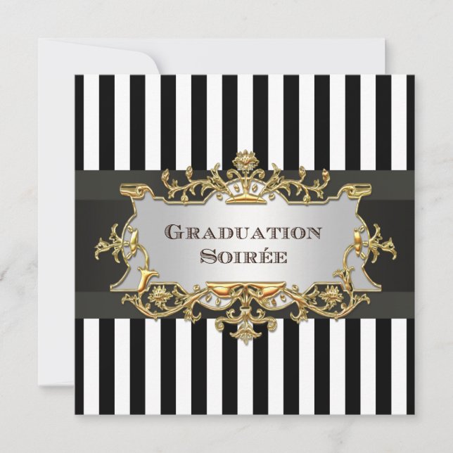 Invitation de graduation en bande blanche noire 2  (Devant)