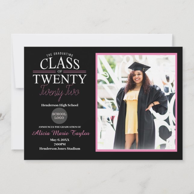 Invitation de graduation en noir et rose avec phot (Devant)