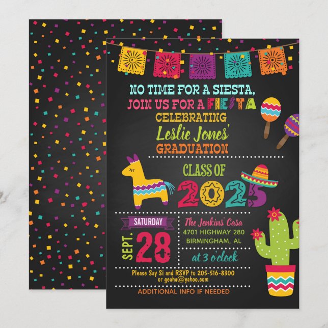 Invitation de graduation Fiesta - Blk (2025) (Devant / Derrière)