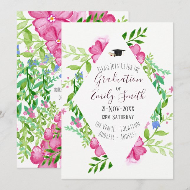 Invitation de graduation Floral Aquarelle Fille de (Devant / Derrière)