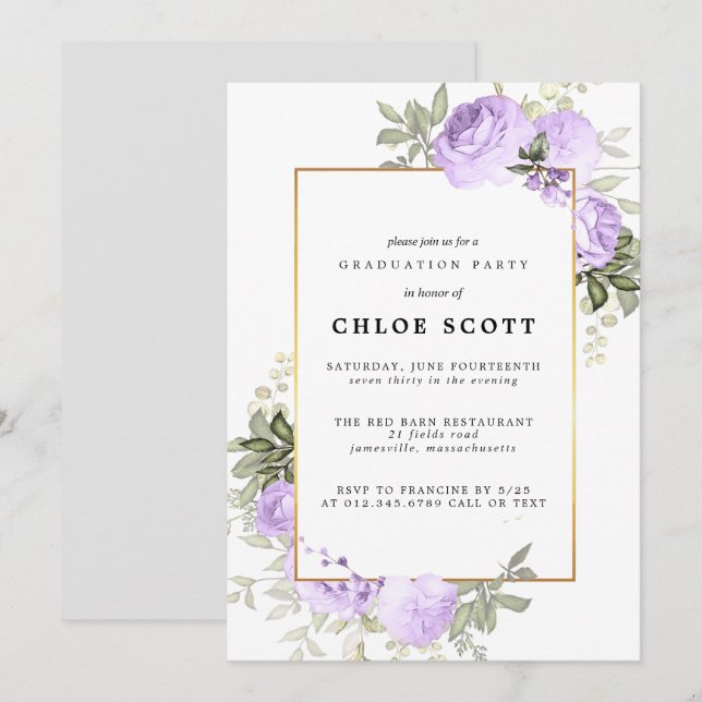 Invitation de graduation florale Rose violette (Devant / Derrière)