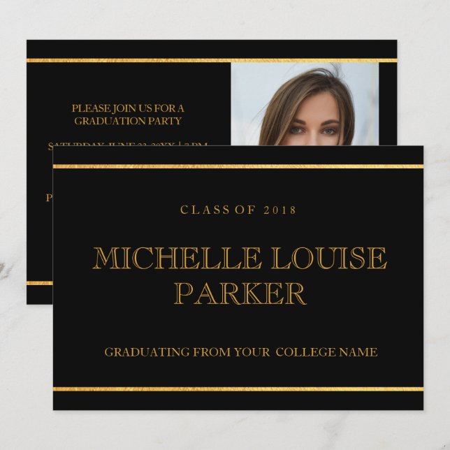 Invitation de graduation Gold Black (Devant / Derrière)