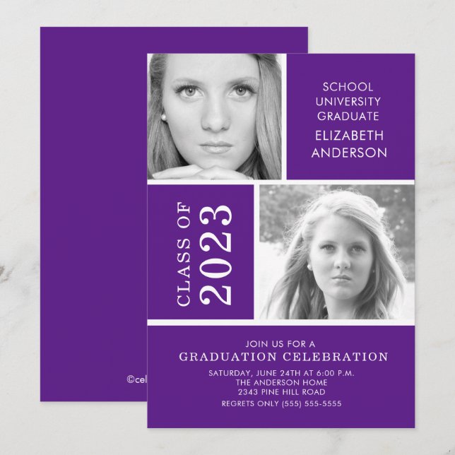 Invitation de graduation moderne à deux photos vio (Devant / Derrière)