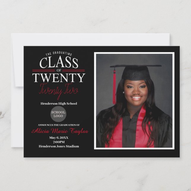 Invitation de graduation noire et rouge avec photo (Devant)