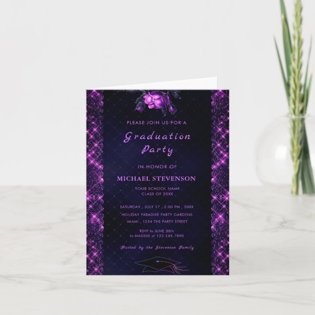 Invitation de graduation noire violette avec code  (Devant)