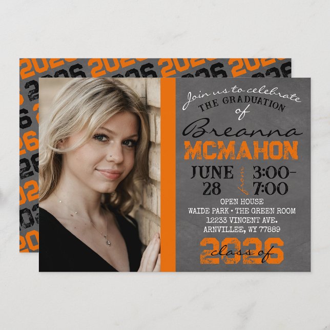 Invitation de graduation Orange & Black Chalkboard (Repeating Class Year 1 Photo Graduation Invitations)