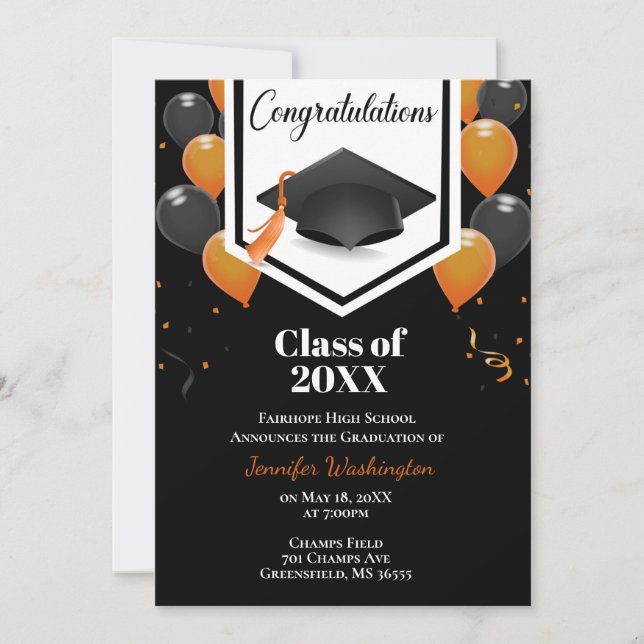 Invitation de graduation Orange et confetti noir (Devant)