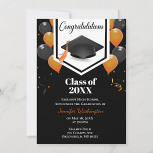 Invitation de graduation Orange et confetti noir